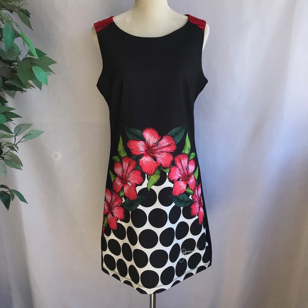 Black Sleeveless Shift Dress with Pink Floral & Polka Dot Print